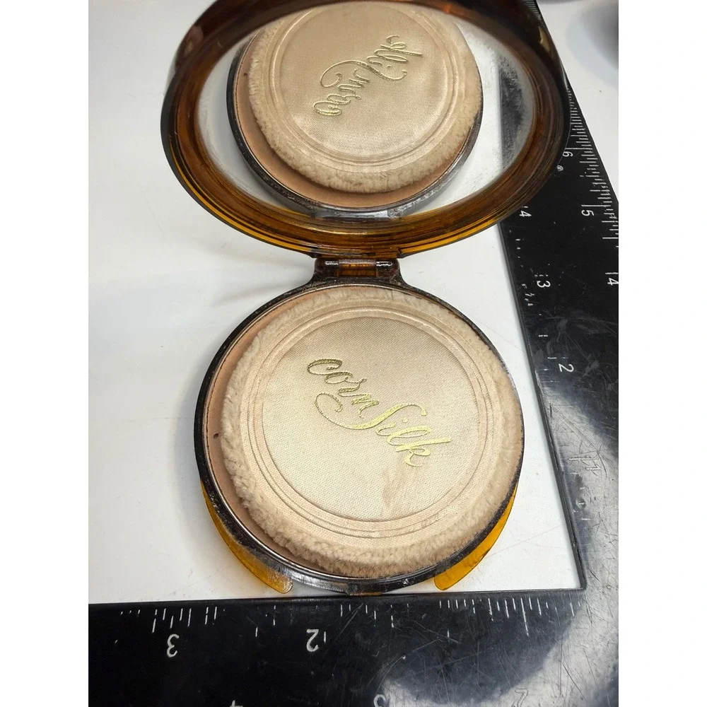 Vintage CornSilk Faux Tortoise Shell Pressed Powder Compact Gold Leaf Inlay